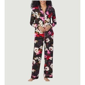 NEW  Room Service Shawl Collar Pajama Set XL Black Floral Print N0160